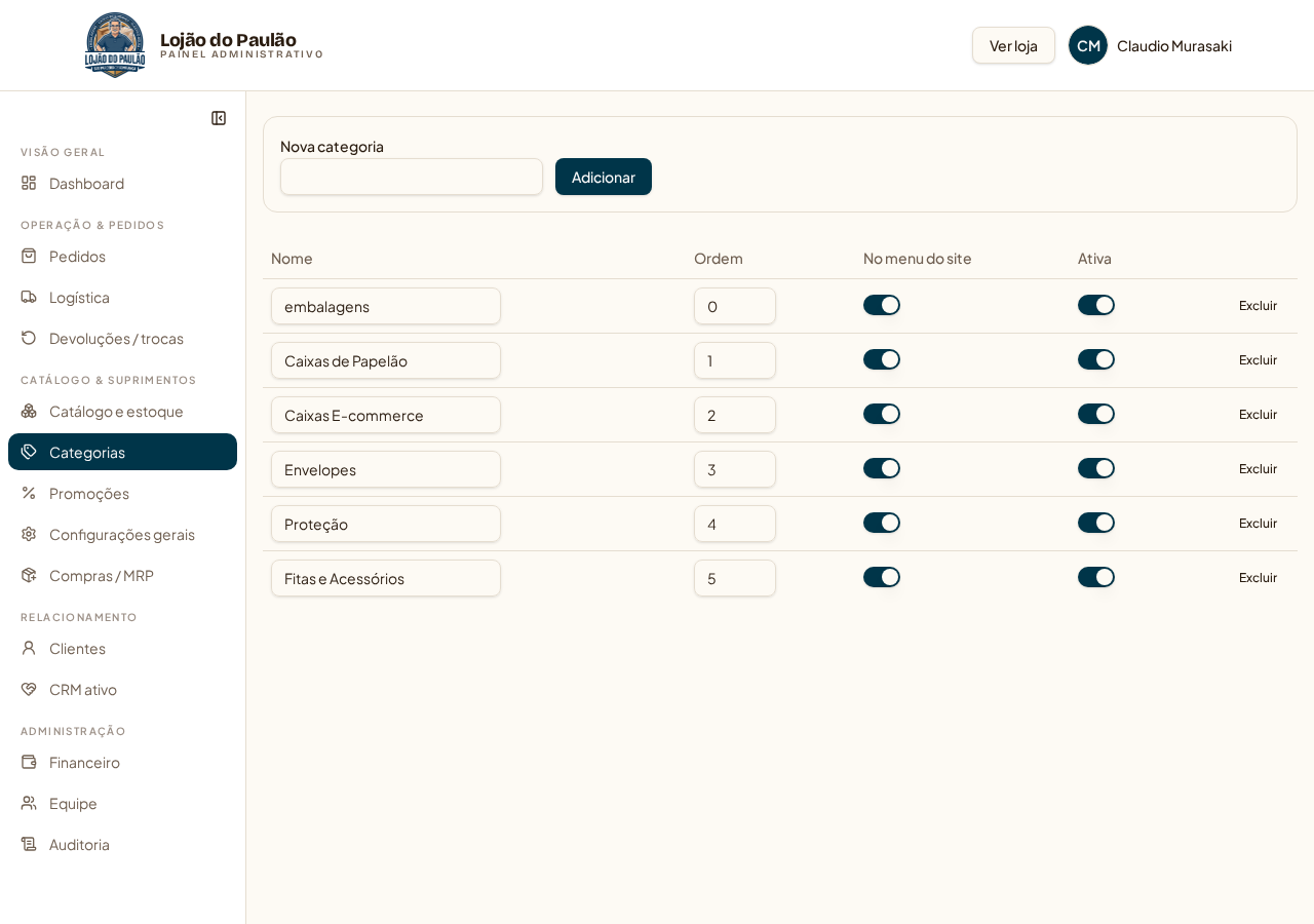 Categorias (/admin?tab=categorias) — primeira coisa a cadastrar