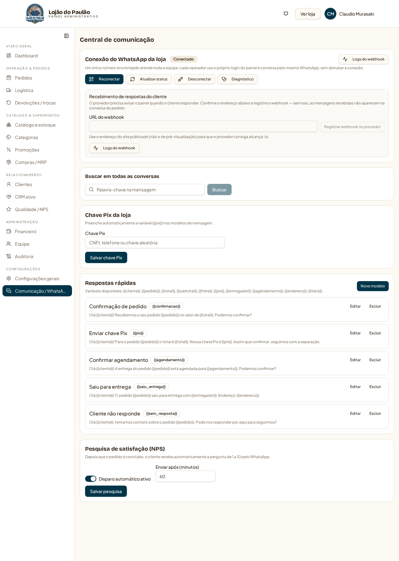 Comunicação / WhatsApp (/admin?tab=comunicacao) — conexão, registro do webhook, busca em conversas e respostas rápidas
