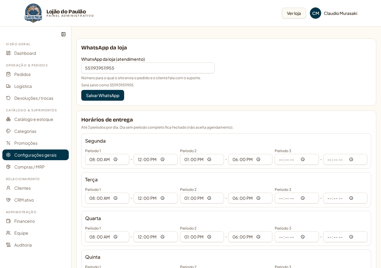 Configurações gerais (/admin?tab=banners) — WhatsApp, horários de entrega e banners