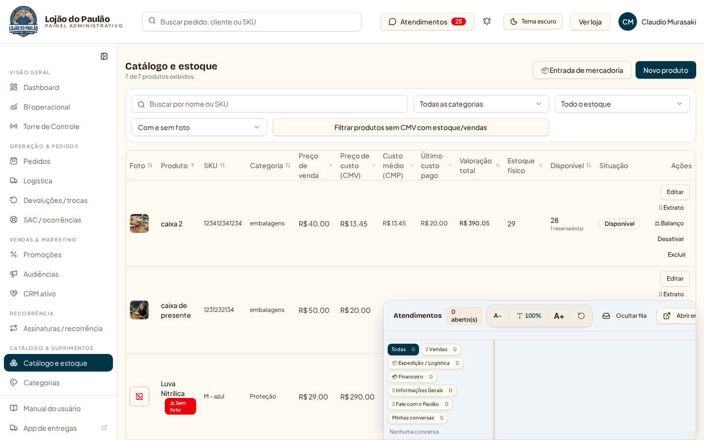 Catálogo e estoque (/admin?tab=catalogo) — custo médio (CMP), valoração e entrada de mercadoria