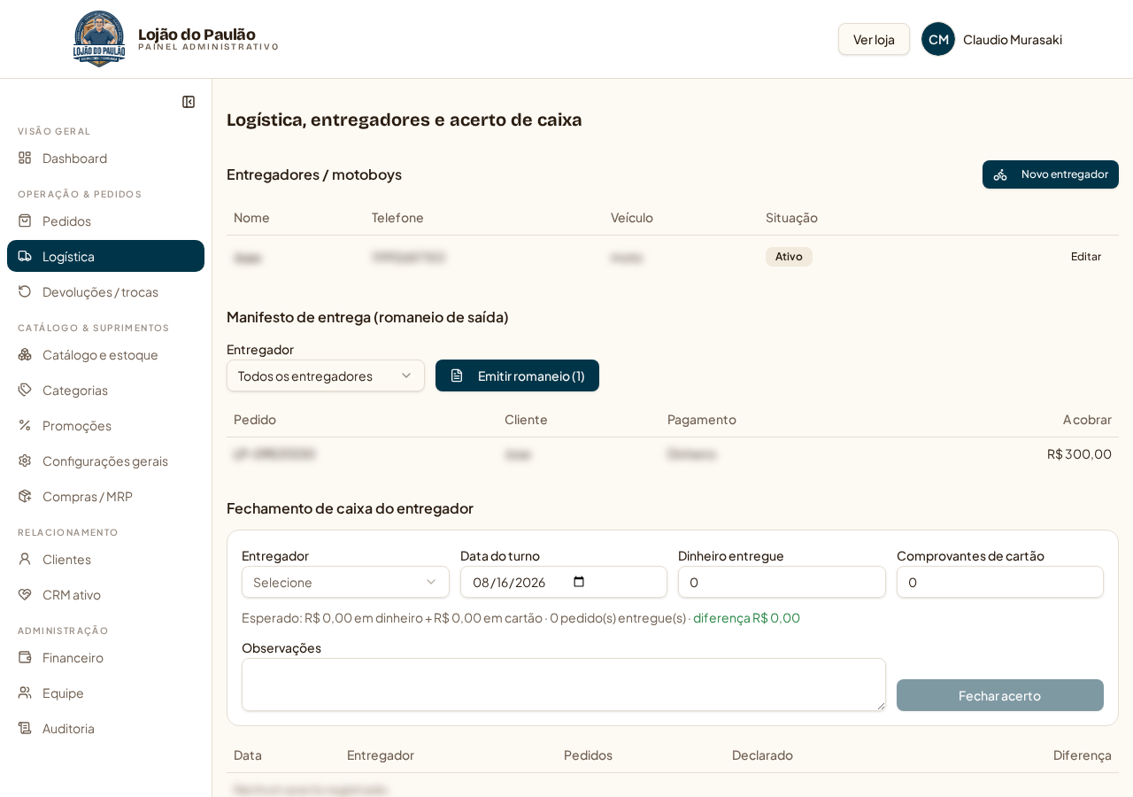 Logística (/admin?tab=logistica) — atribuição de entregas