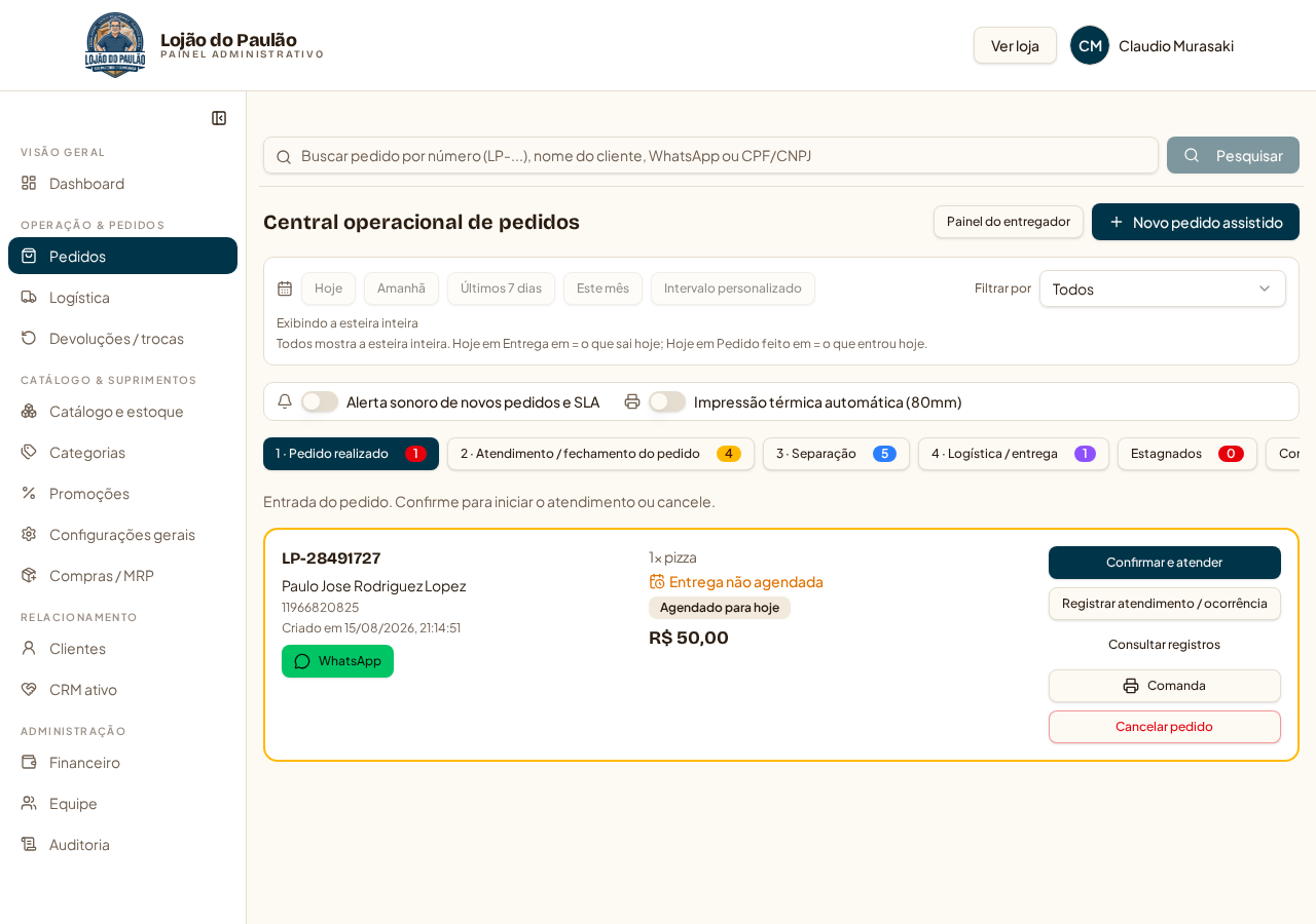 Esteira de pedidos (/admin?tab=pedidos) — etapas lado a lado