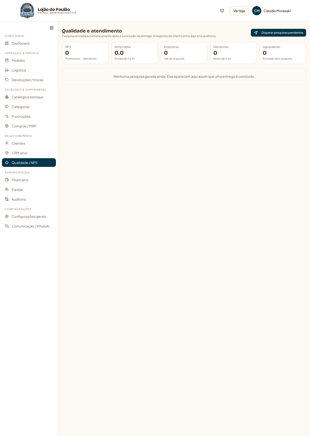 Qualidade / NPS (/admin?tab=qualidade) — pesquisa enviada pelo WhatsApp após a entrega