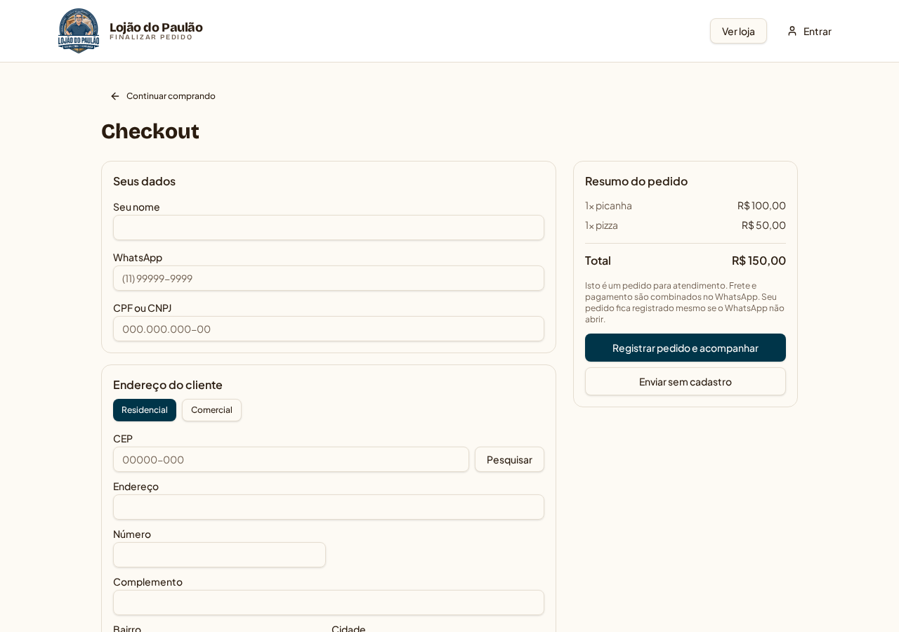 Checkout (/checkout) — endereço, entrega e revisão do pedido